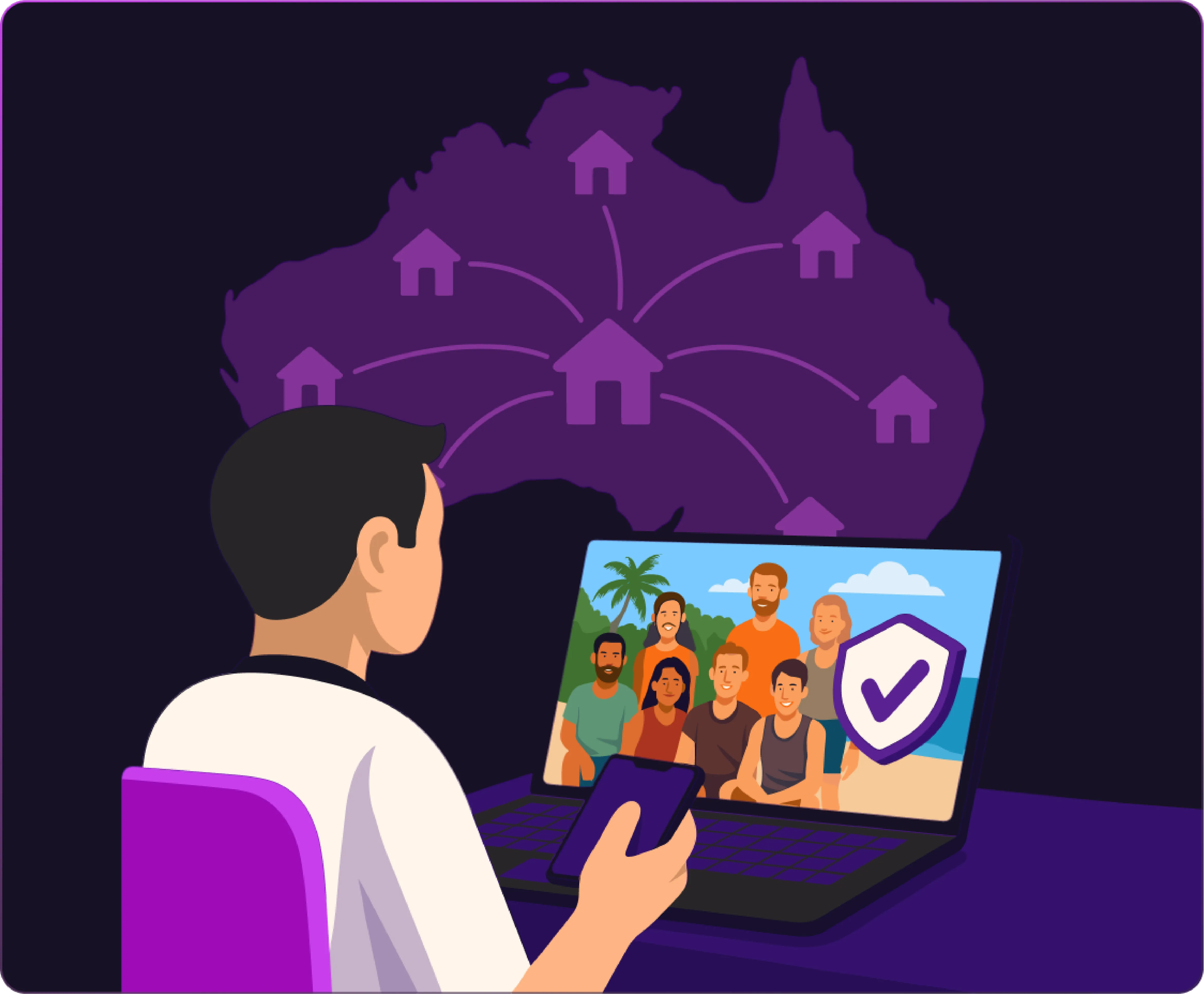 Using a VPN to watch Survivor Australia online, with a secure Australian IP connection shown across the country.
